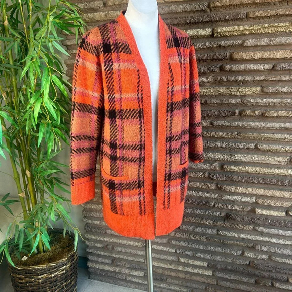 Lucky BRAND Women's Brushed Orange Plaid Duster Open Drape Cardigan Sweater - Picture 2 of 9